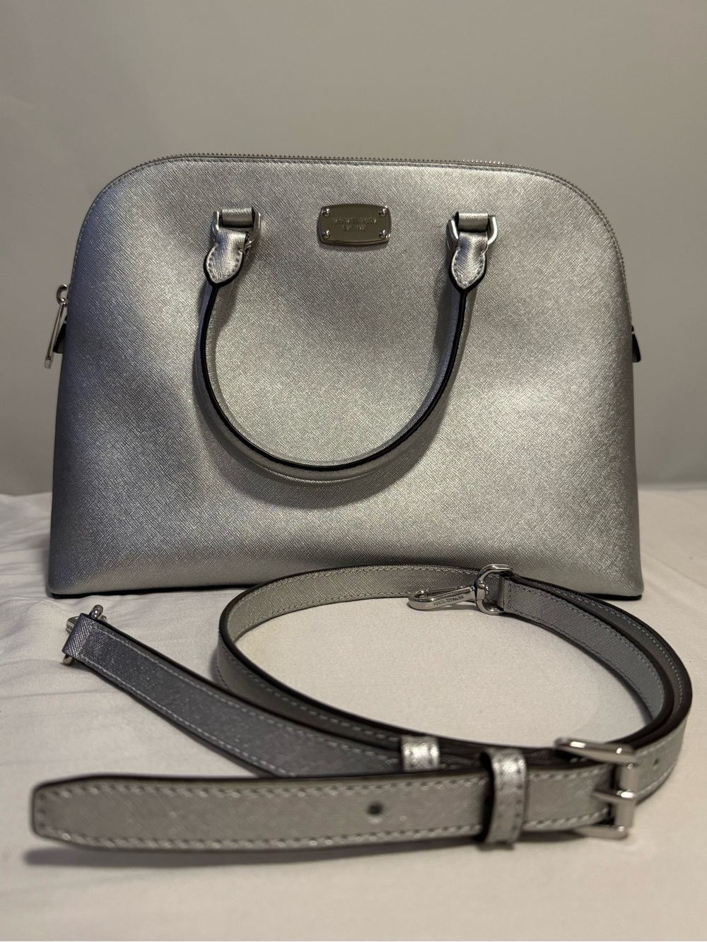 Michael Kors Metallic Silver Saffiano Satchel Crossbody Bag
